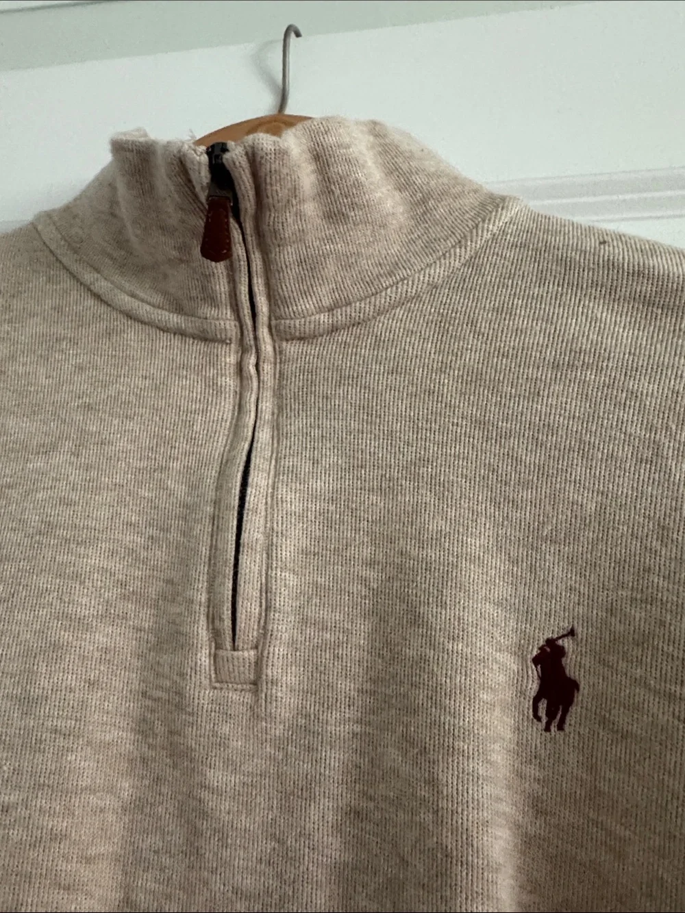 Polo by Ralph Lauren Men's Zip-Neck Sweater — Beige with Maroon Logo